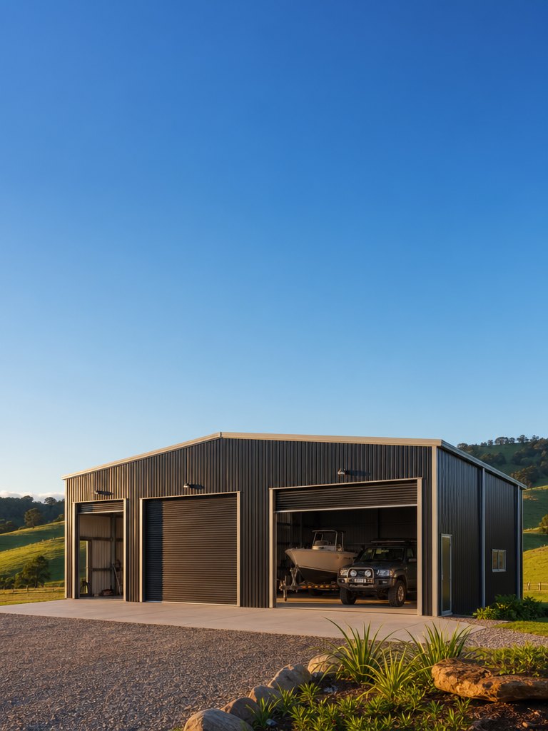 Steel garage with roller doors