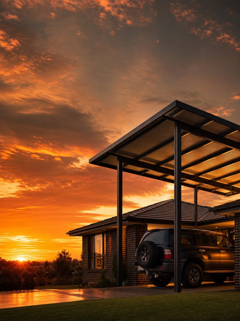 North Coast Sheds & Garages carport at sunset