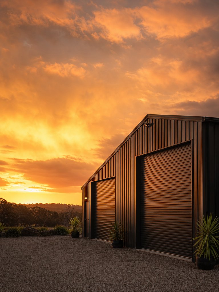 Colorbond garage and shed at sunset in the Northern Rivers